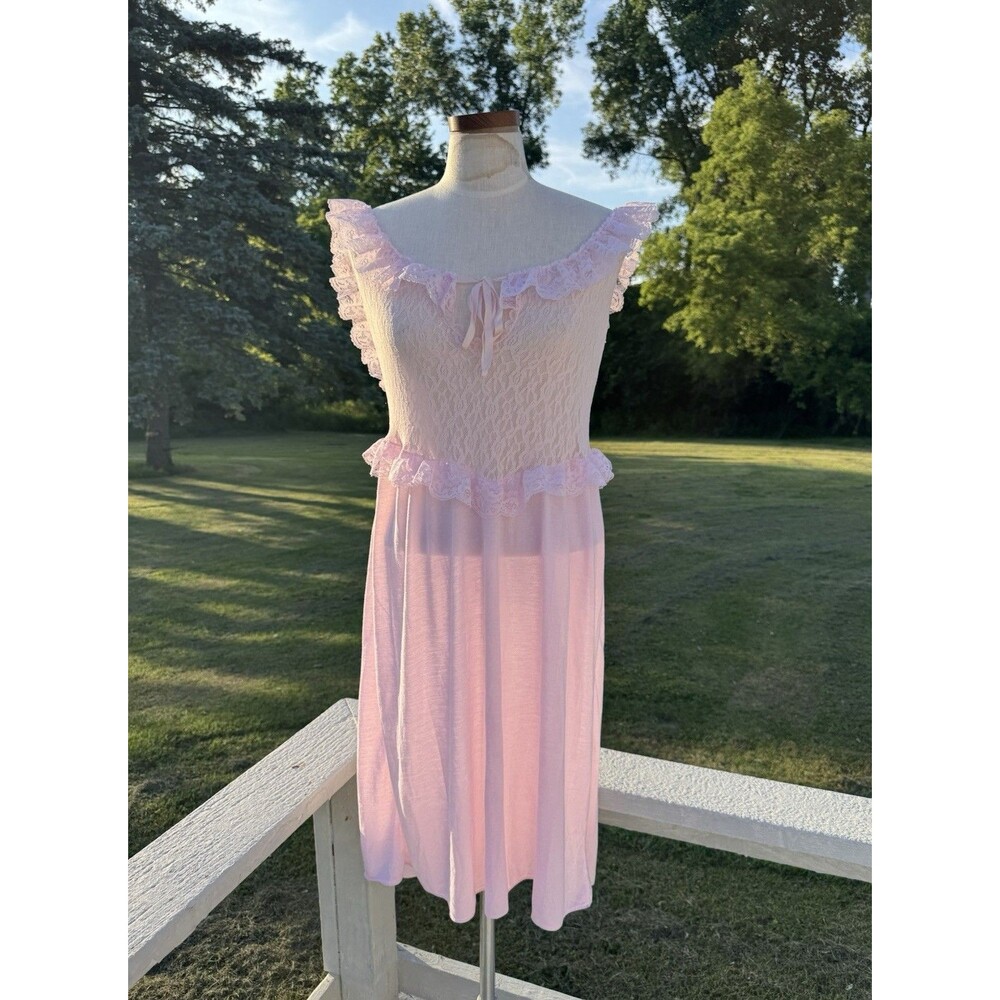 Vintage 80s Satinique Pink Lace Coquette Cottage Nightgown Dress Large